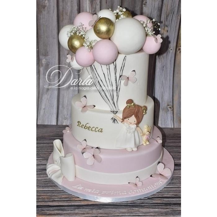 Balloon and butterfly first communion cake