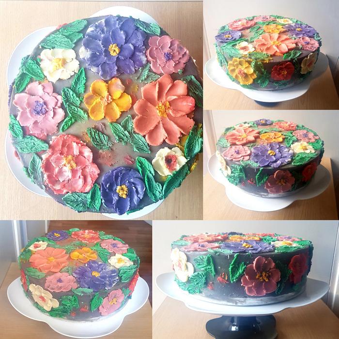 Floral painted buttercream cake