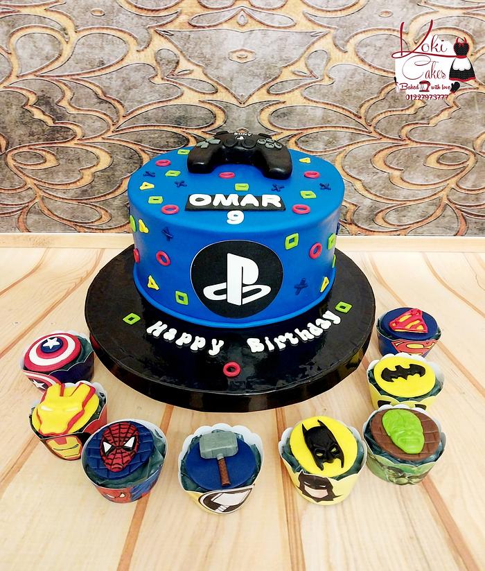"Play station cake & Avengers cupcakes"