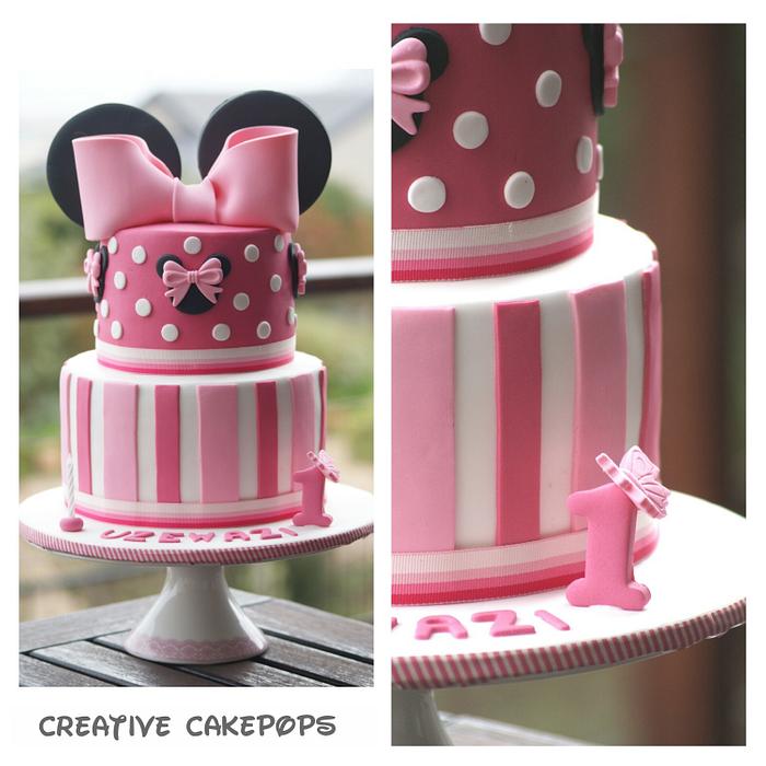 Minnie Mouse cake, cake pops, cupcakes and iced biscuits