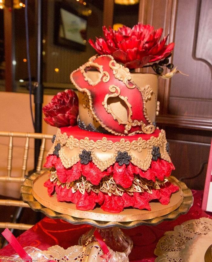 Masquerade anniversary cake, cake pops and cookies