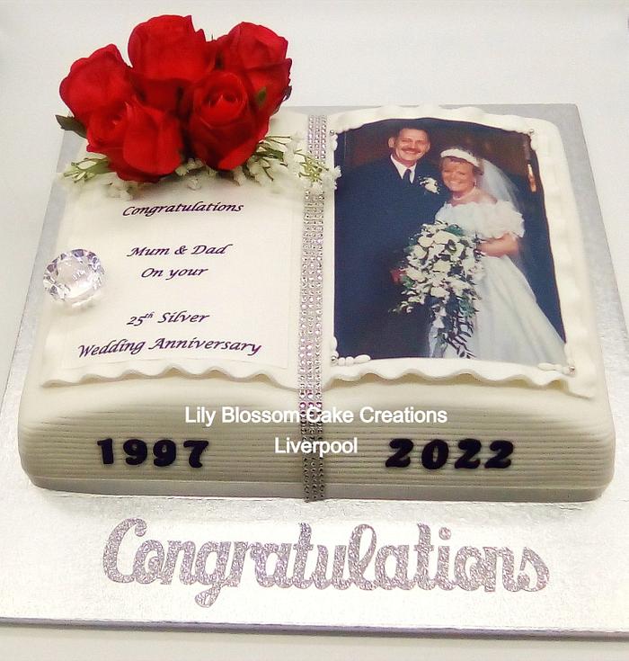 Silver Wedding Anniversary Book Cake