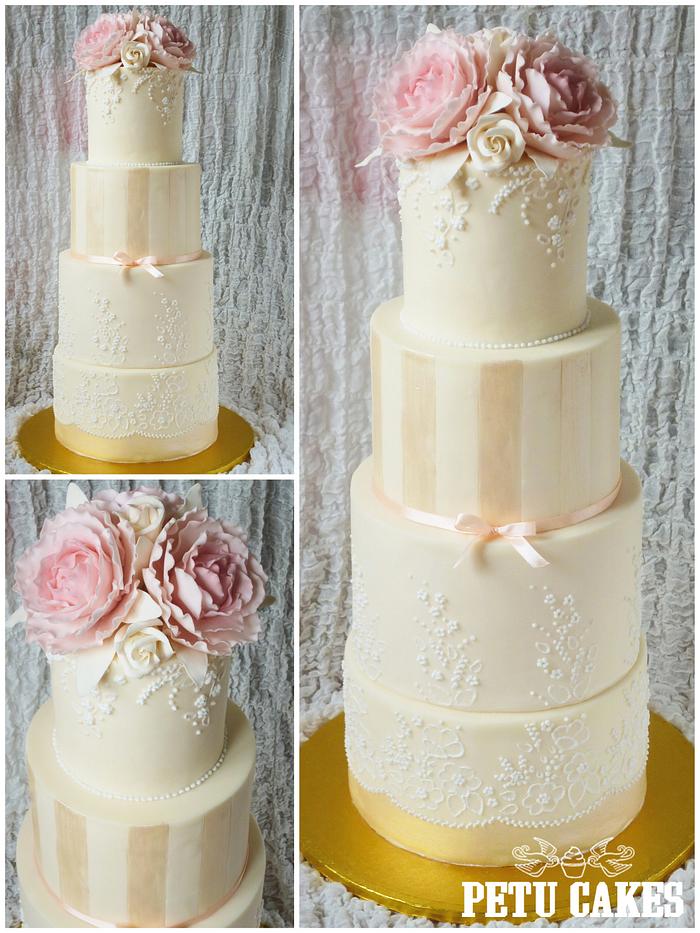 Wedding Cake with Peonies Roses and Royal Icing