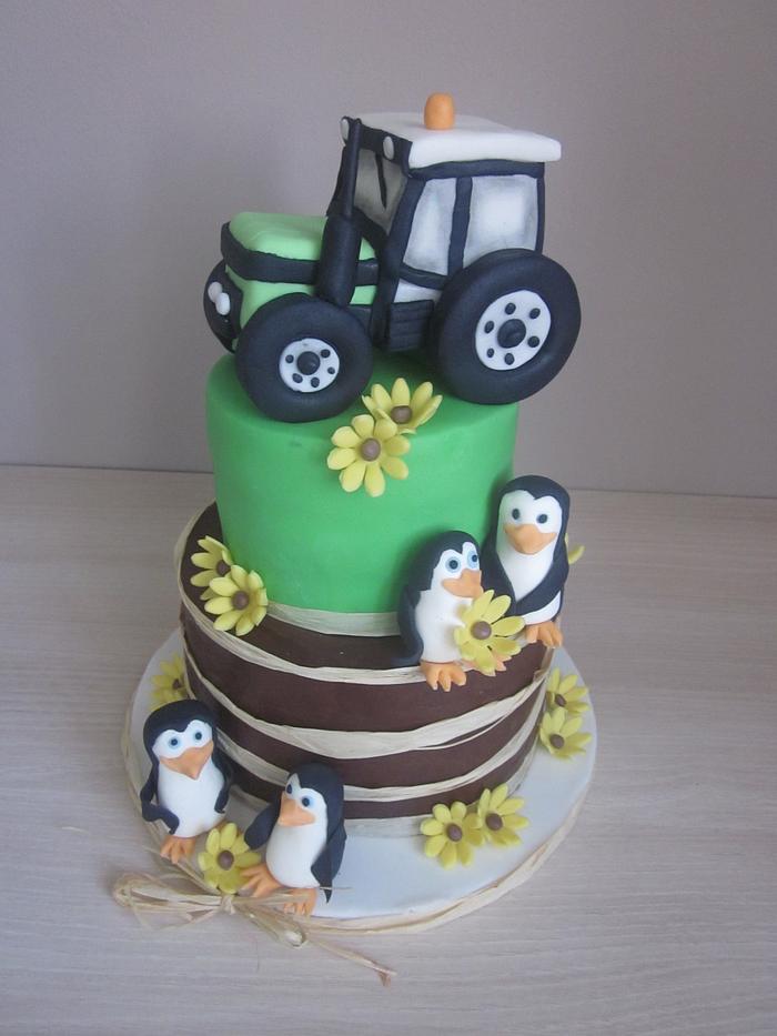 Tractor and penguins cake