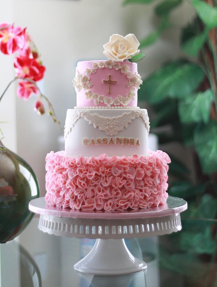 Pink and white ruffle cake