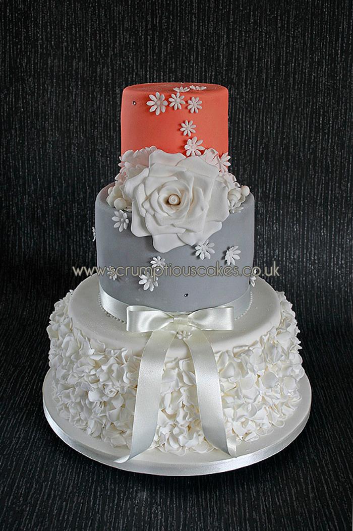 Coral & Grey Ruffle Wedding Cake