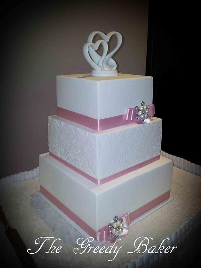 Square White Damask Wedding Cake