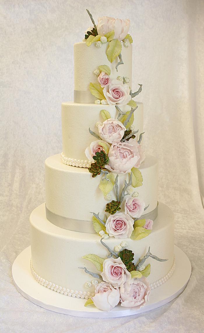 Peony and rose wedding cake