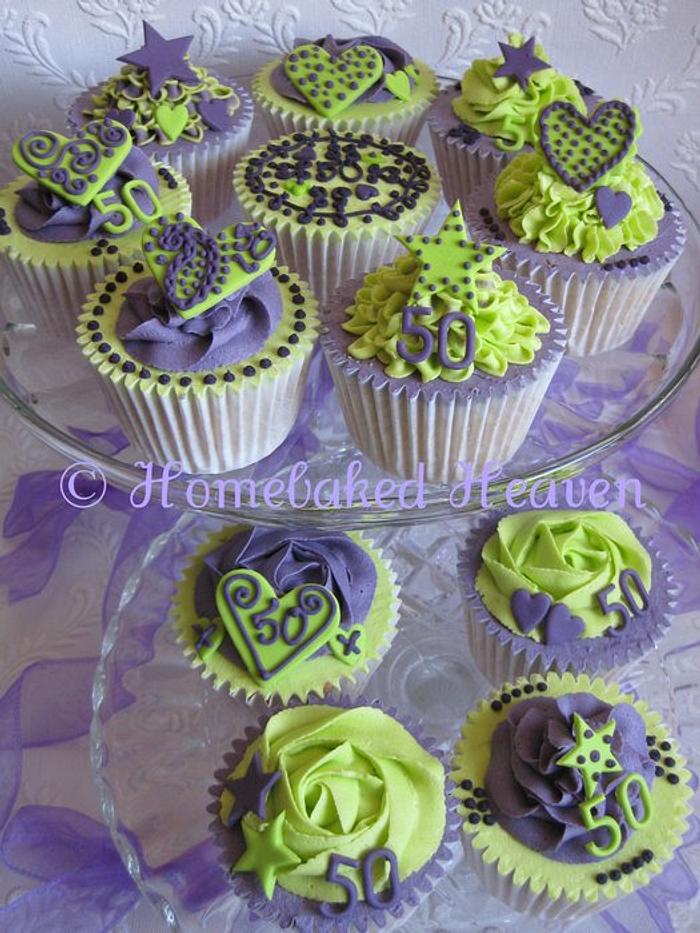 Birthday cupcakes in purple and lime green