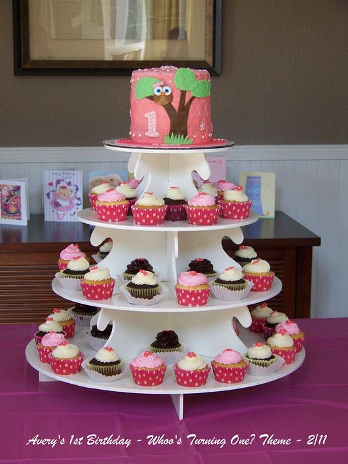 Avery's Owl Birthday- cake & cupcake tower