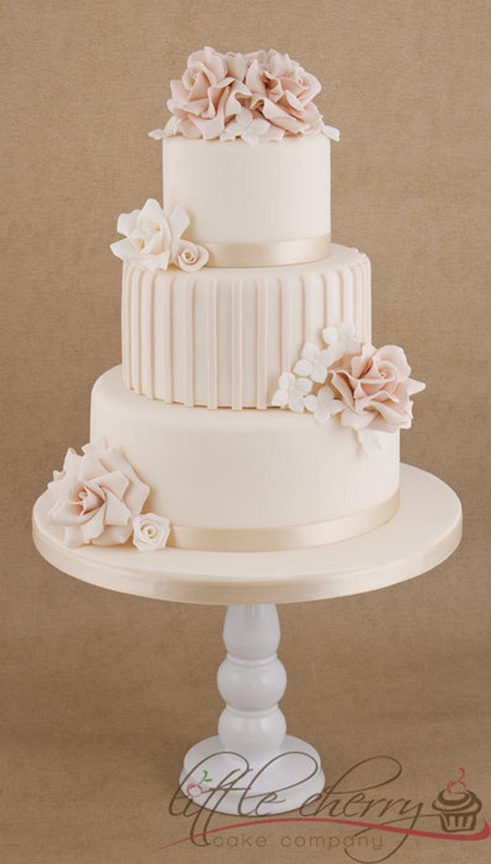 Pale Vintage Ruffly Roses Wedding Cake