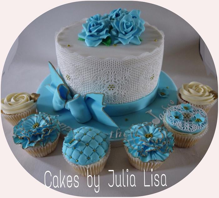 Light blue roses & lace cake with cupcakes