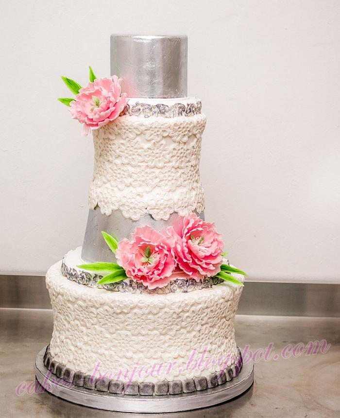 Embroidery, silver & pink peonies Wedding cake!