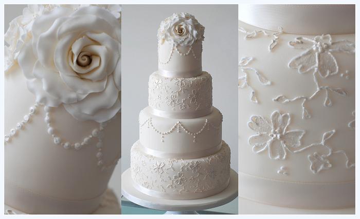 Pearls and lace wedding cake