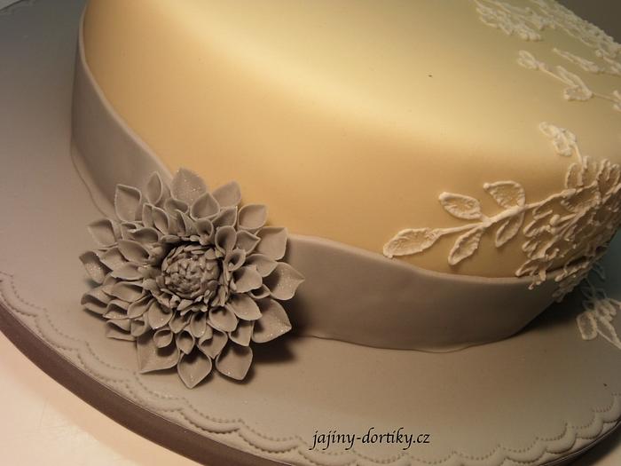 Ivory and Grey Wedding Cake with Royal Icing Lace and Sugar Flower