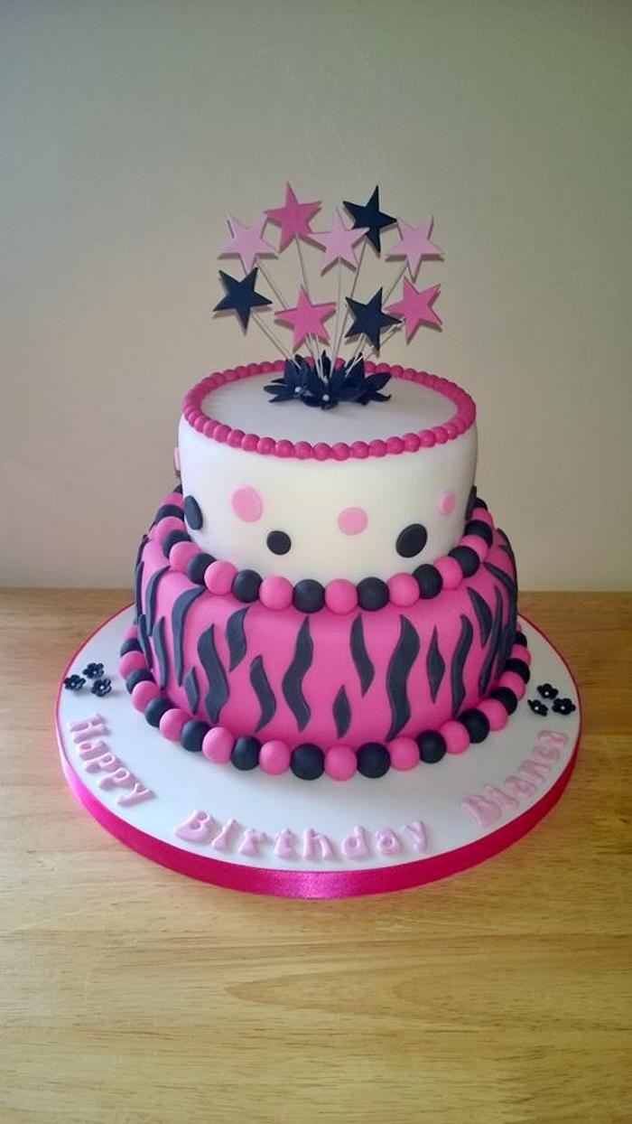 2 Tiered Pink,Black & White Zebra,Animal Print Birthday Cake