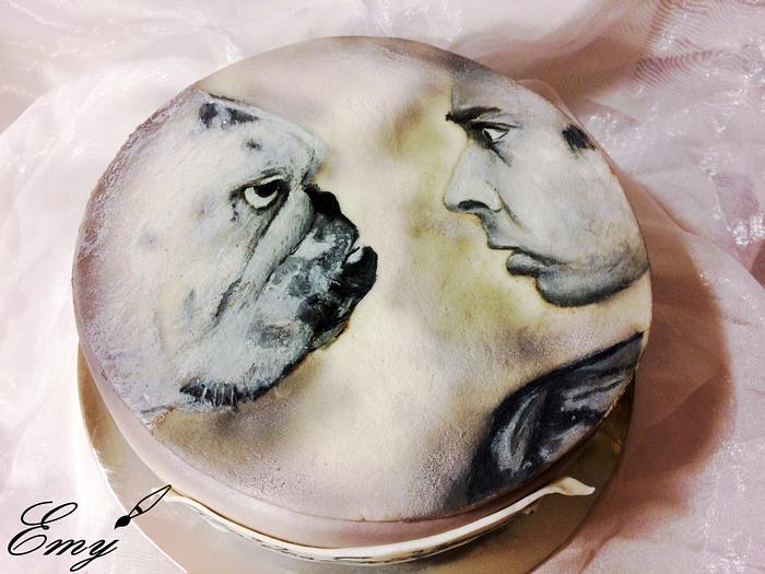 Man and dog painted cake 