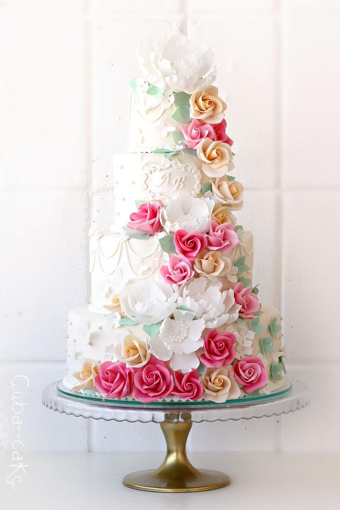 cake with a cascade of roses