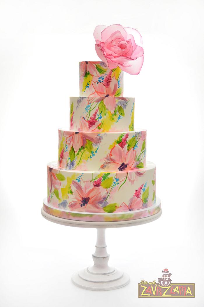 Floral Painted Wedding Cake