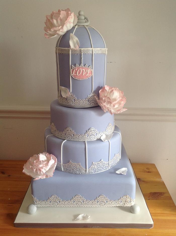 Blue and silver birdcage cake