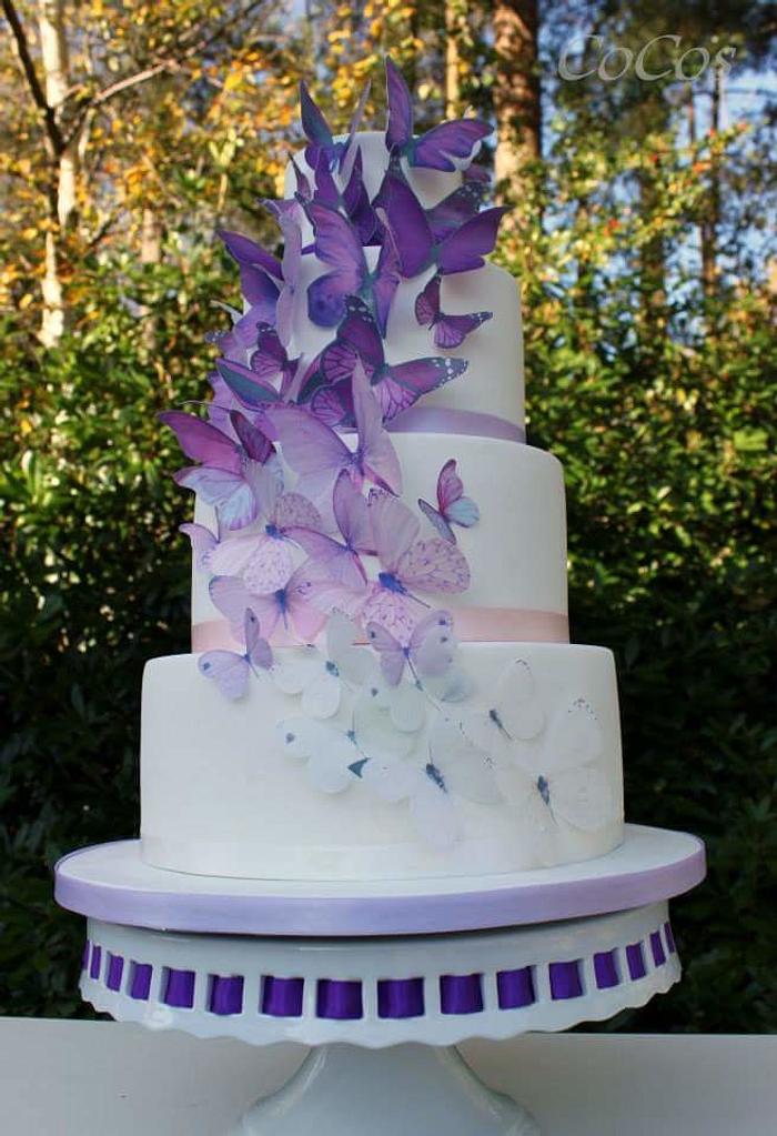 purple ombre butterfly wedding cake 