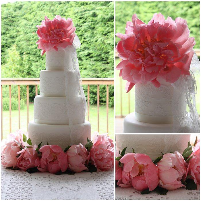 Pink peonies wedding cake