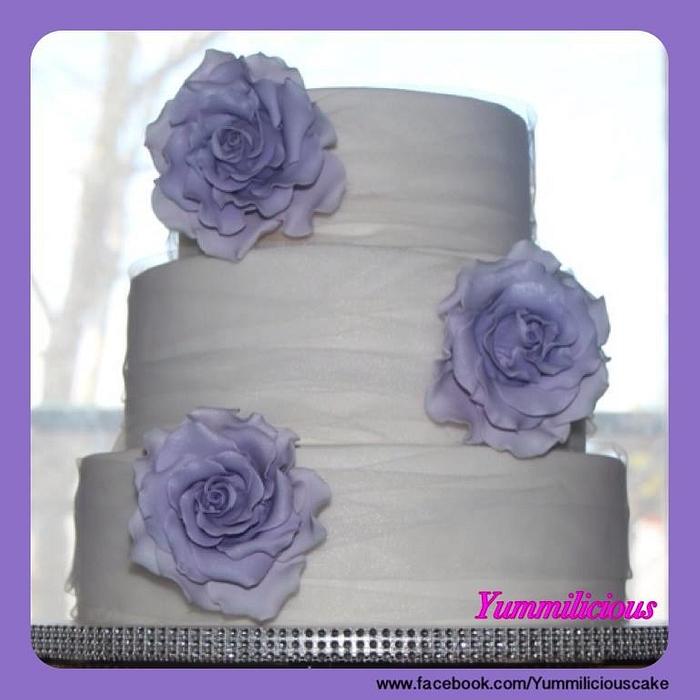 Purple and white, tulle wedding cake
