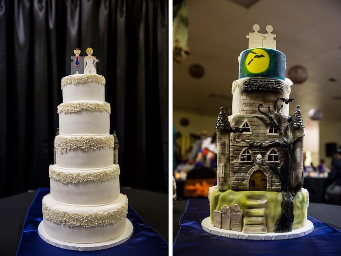 Half and half Halloween wedding cake 