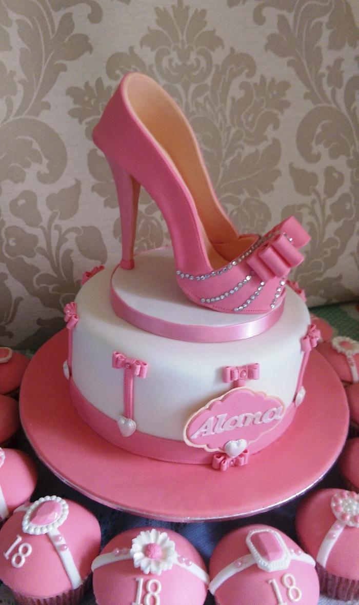 Pink Shoe cake and cupcakes. 