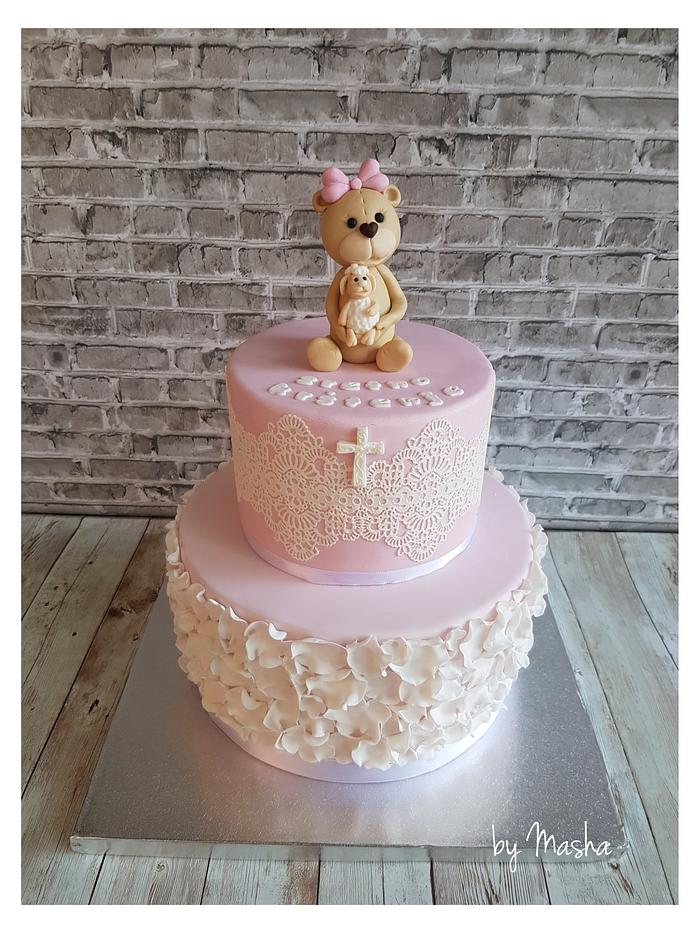 Sweet teddy bear girl christening cake