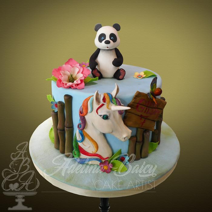 Panda & unicorn cake