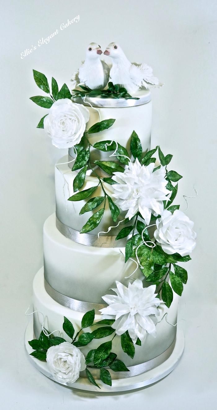 Grey and white wedding cake with wafer paper flowers