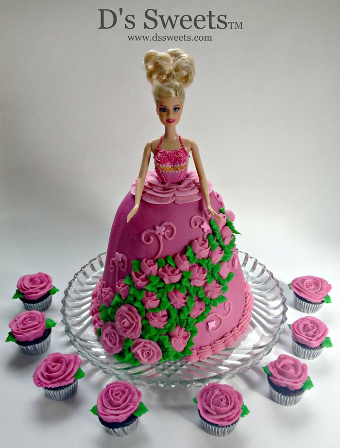 Doll Cake and Mini Rose Cupcakes