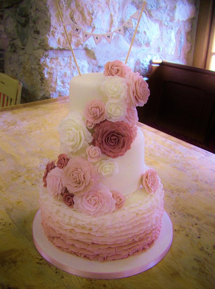 Dusky Pink Gradient Frill & Rose Wedding Cake