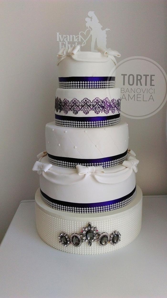 elegant purple ribbon wedding cake