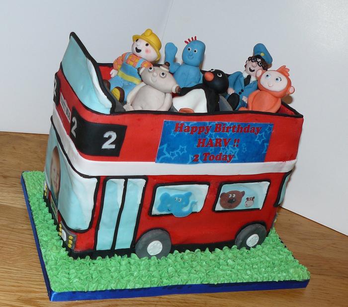 Boys Character double Decker bus cake - postman pat, bob the builder, pingu