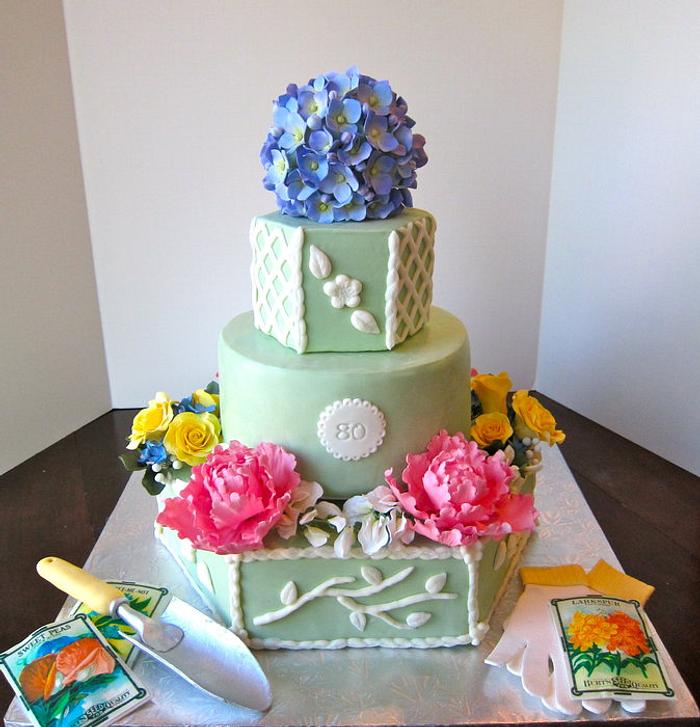 Garden themed 80th Birthday - Decorated Cake by Kate - CakesDecor