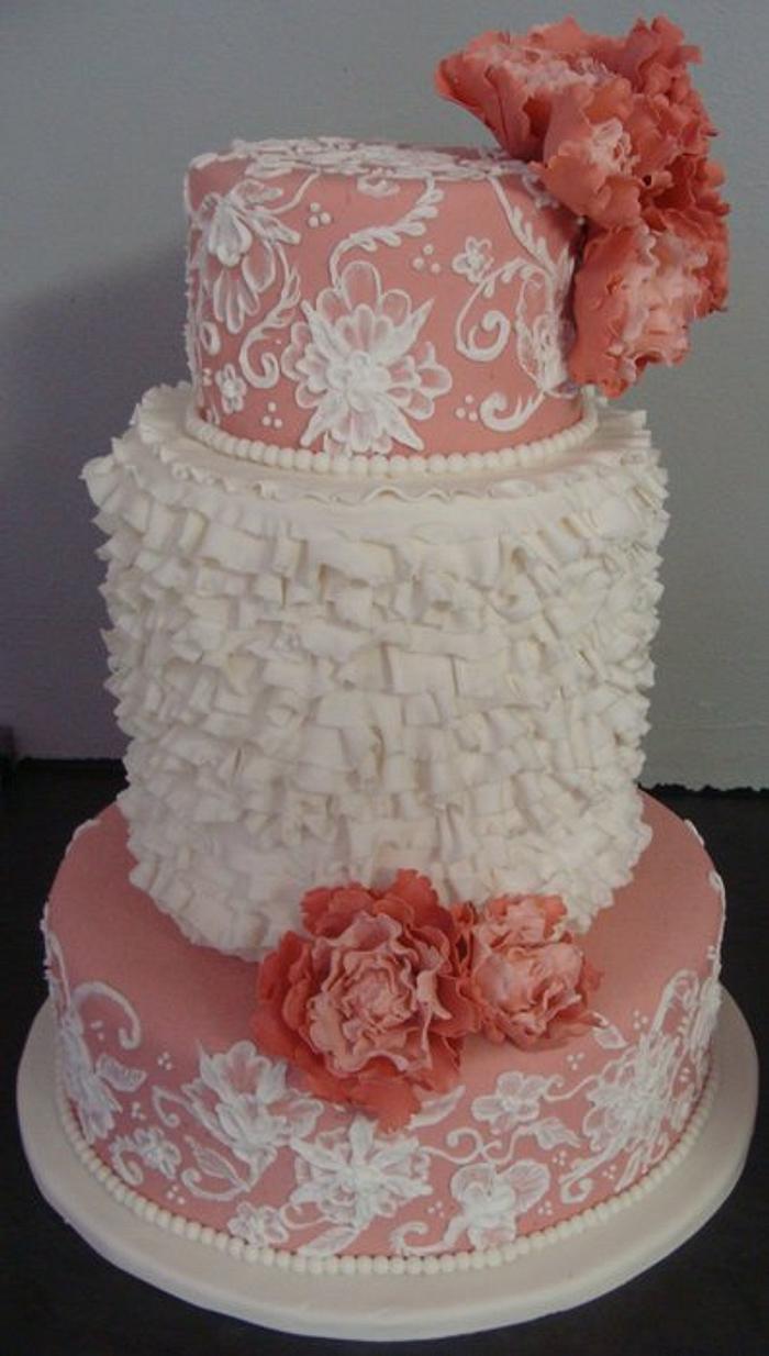Dusty Pink wedding cake with peonies and ruffles