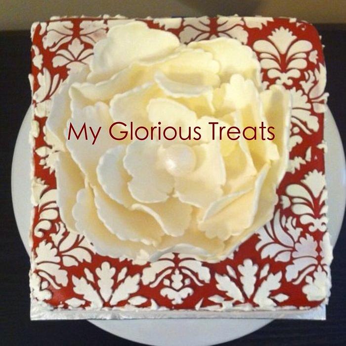 Red & White Damask with giant fantasy flower