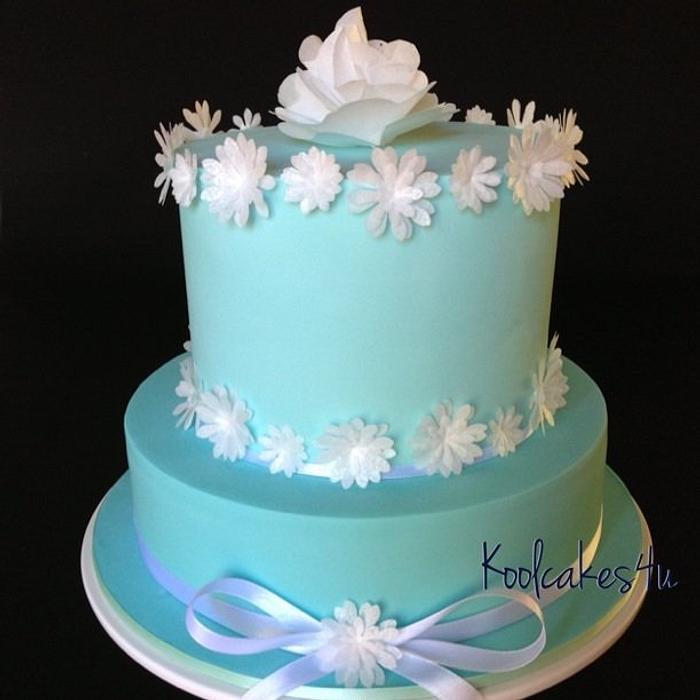 2 tier turquoise and white flower cake