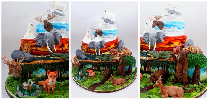 cake for hunter with animals from different continents