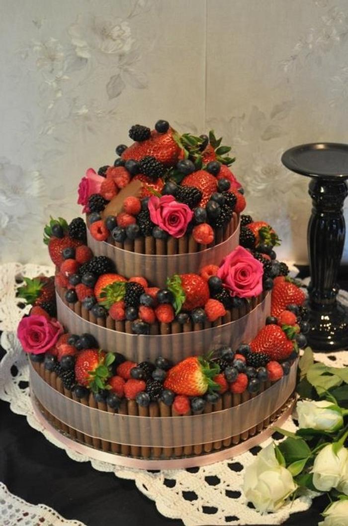 Chocolate and fruit wedding cake