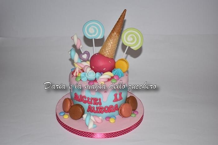 Ice cream and sweet candy cake
