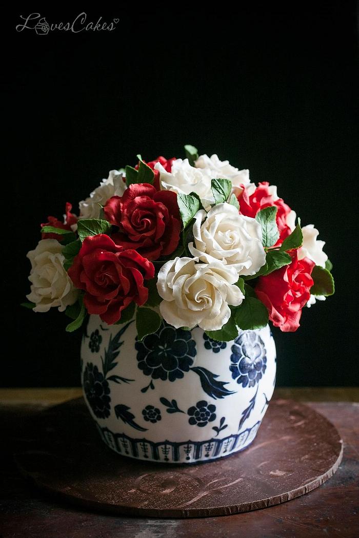 Sugar roses in handpainted vase 