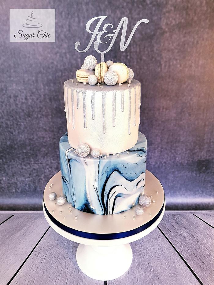 x Navy Marble & Silver Drip Engagement Cake x