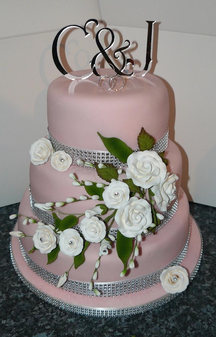 3 tier Pink and white bling wedding cake 