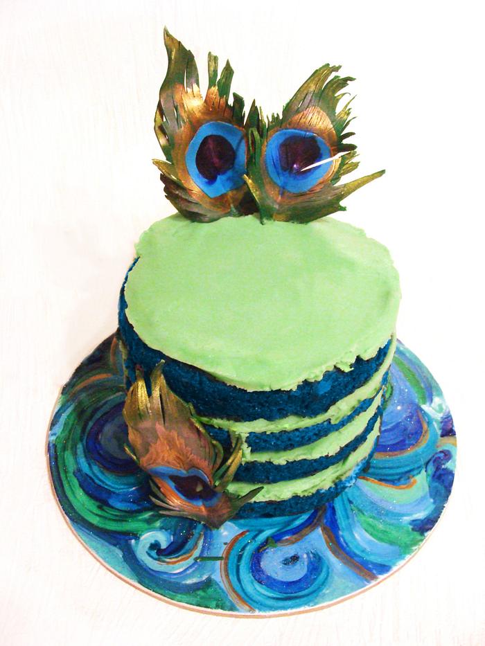 Blue Naked Cake with Feathers