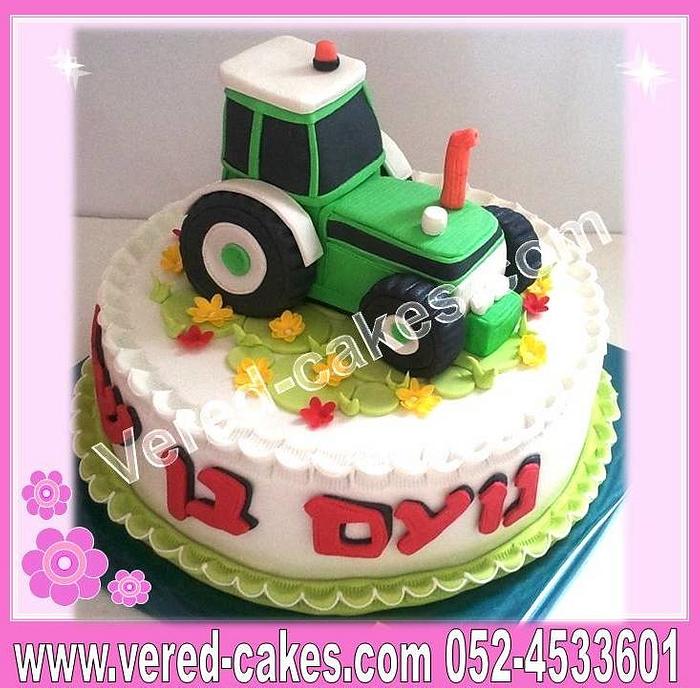 A green tractor cake