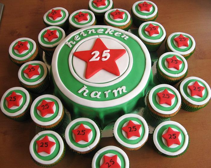 Heineken bottlecap cake with matching cupcakes