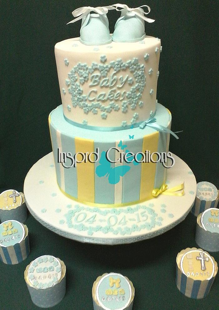 Pastel blue and white christening cake
